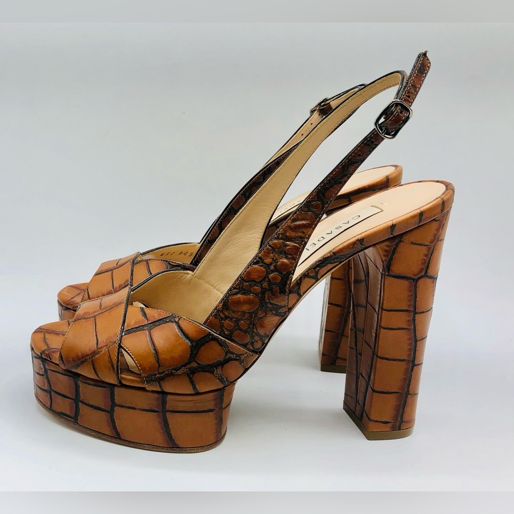 Casadei Calfskin Leather Slingback Platform Flora Jurassic Heels Brown Strap 36